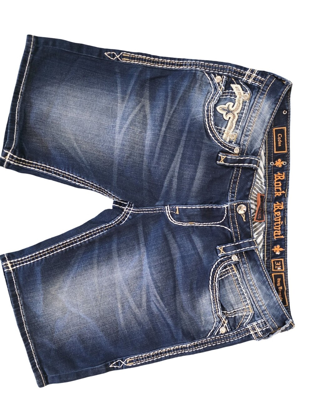 Rock Revival Blue Fade Denim Shorts with Contrast Stitching